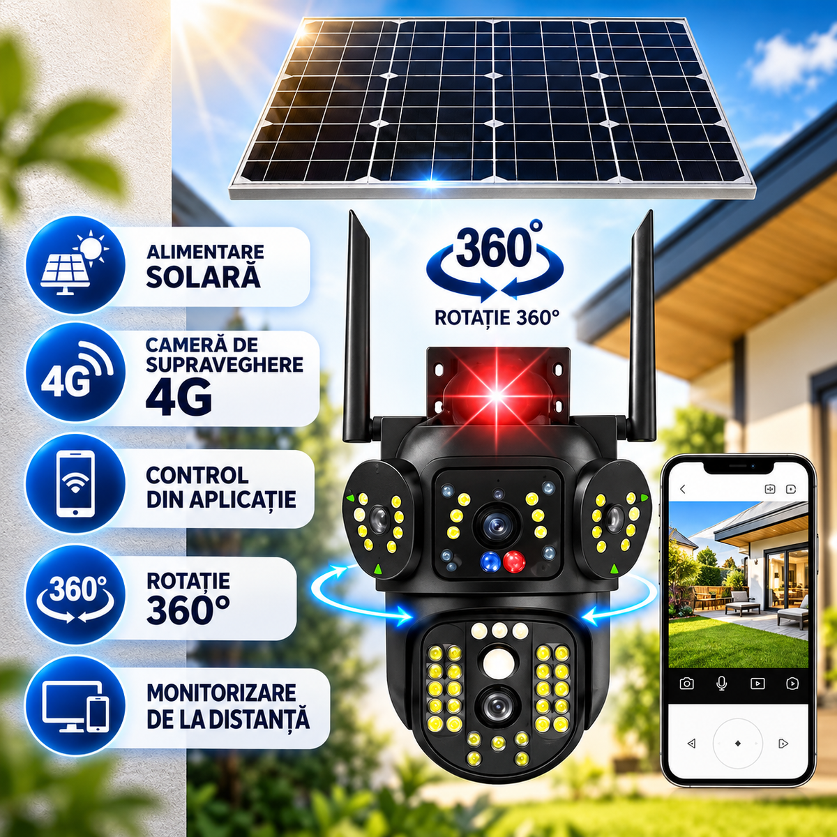 Cameră de Supraveghere 4G cu Panou Solar, 4MP, Zoom 10X, Vedere Nocturnă Color și Control la 360°
