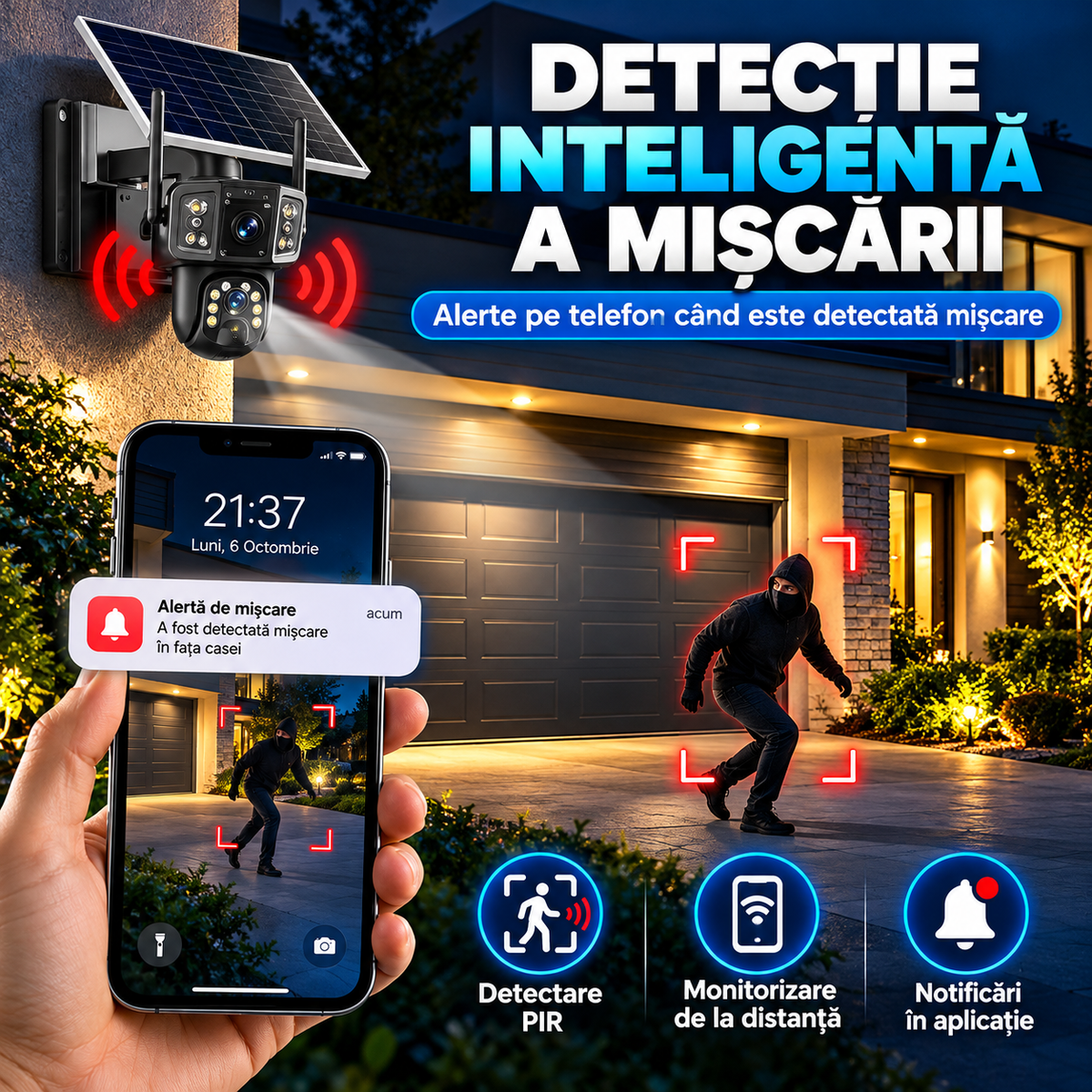 Cameră de Supraveghere Solară 4K cu Lentile Duble, 8MP, Baterie 8000mAh și Panou Solar – Detectare Mișcare, Vizualizare 360°, Rezistentă la Intemperii