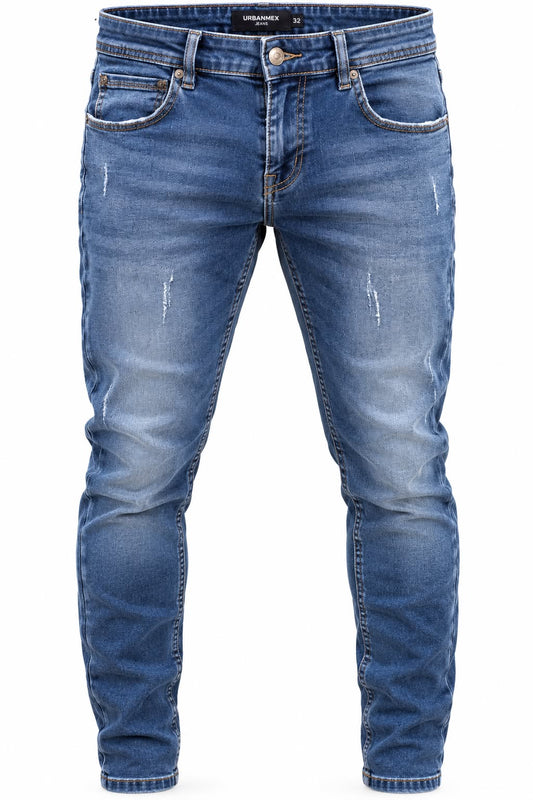 Blugi Bărbați Slim Fit Albaștri –  Design Modern, model cu rupturi mici