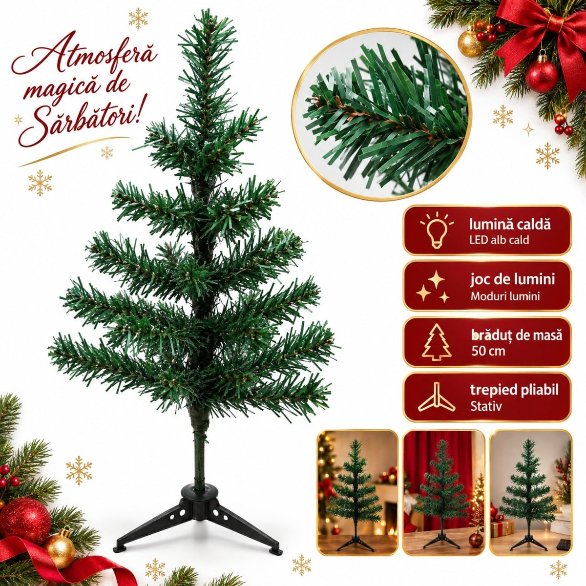 Brăduț de Crăciun artificial, pentru birou sau acasa 90 cm sau 50 cm, verde, din plastic, cu suport metalic inclus