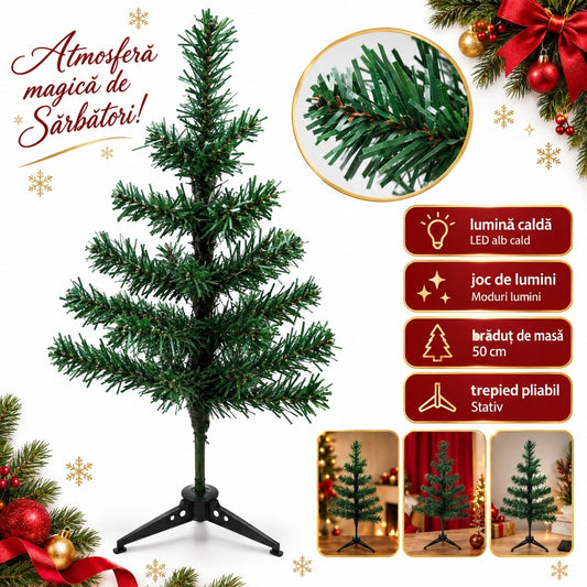Brăduț de Crăciun artificial, pentru birou sau acasa 90 cm sau 50 cm, verde, din plastic, cu suport metalic inclus