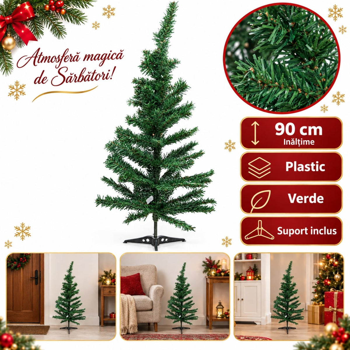 Brăduț de Crăciun artificial, pentru birou sau acasa 90 cm sau 50 cm, verde, din plastic, cu suport metalic inclus
