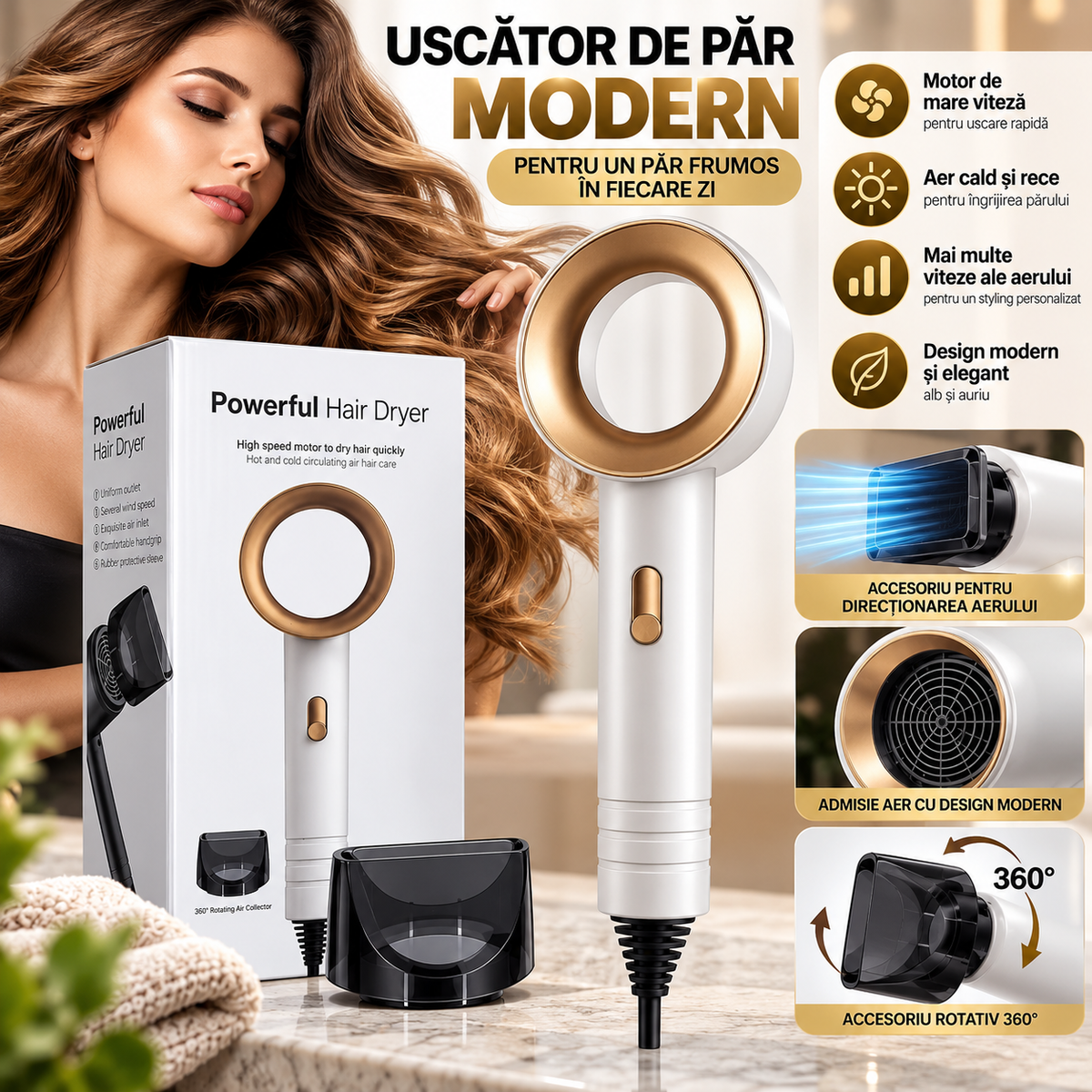 Uscător de Păr Modern fără Palete, cu Design Circular, Aer Cald și Rece – Alb și Auriu