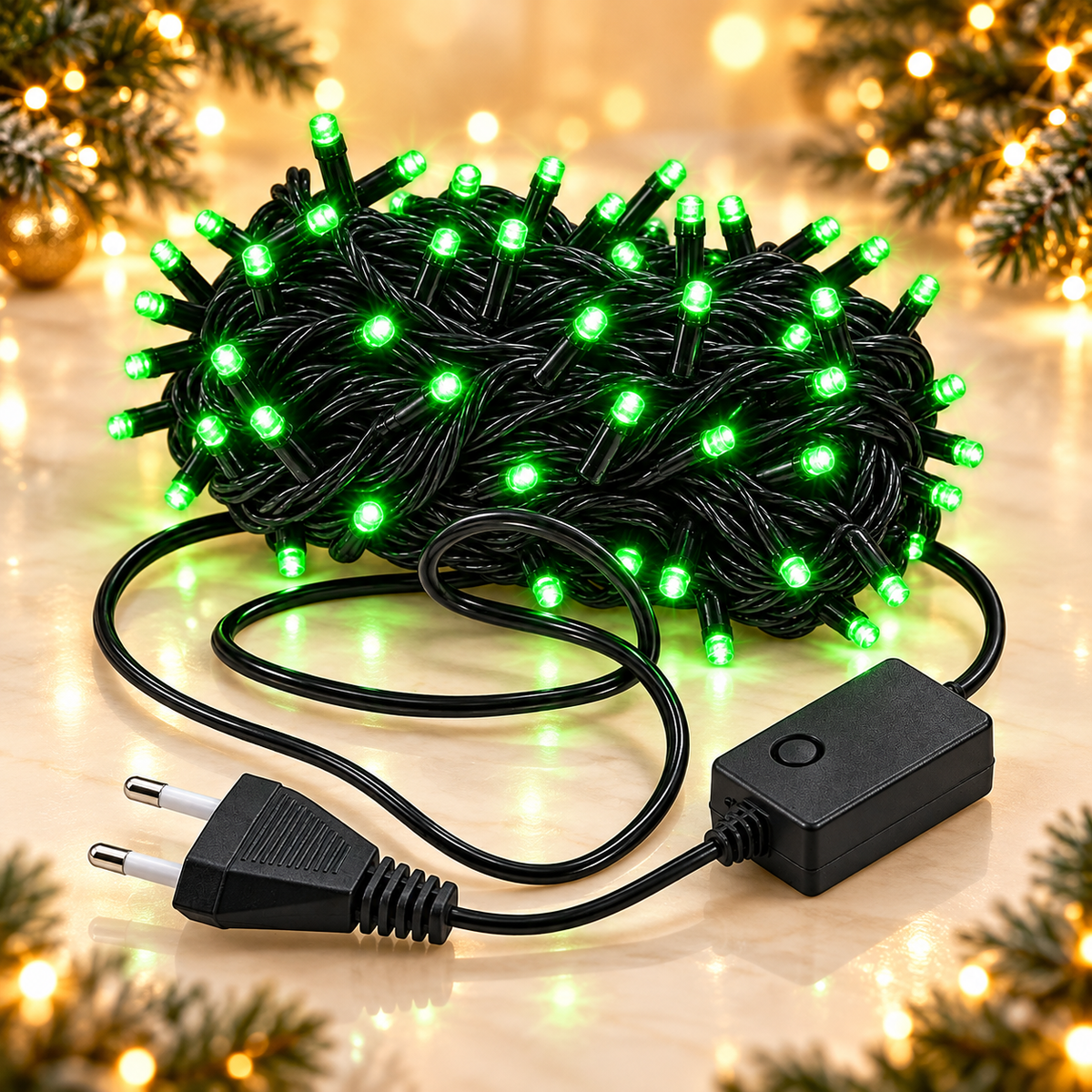 Instalatie de Craciun 9 m, 100 LED-uri, lumina verde, 4 moduri, fir negru, pentru interior sau exterior
