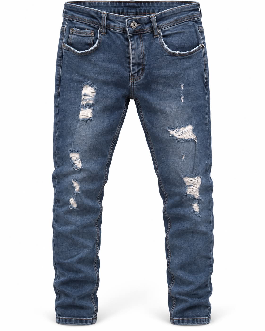 Blugi Bărbați cu Rupturi Decorative – Denim Albastru Închis