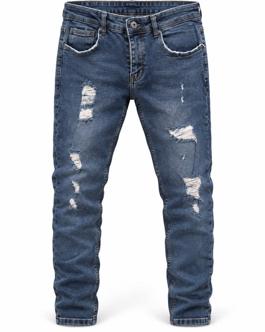 Blugi Bărbați cu Rupturi Decorative – Denim Albastru Închis