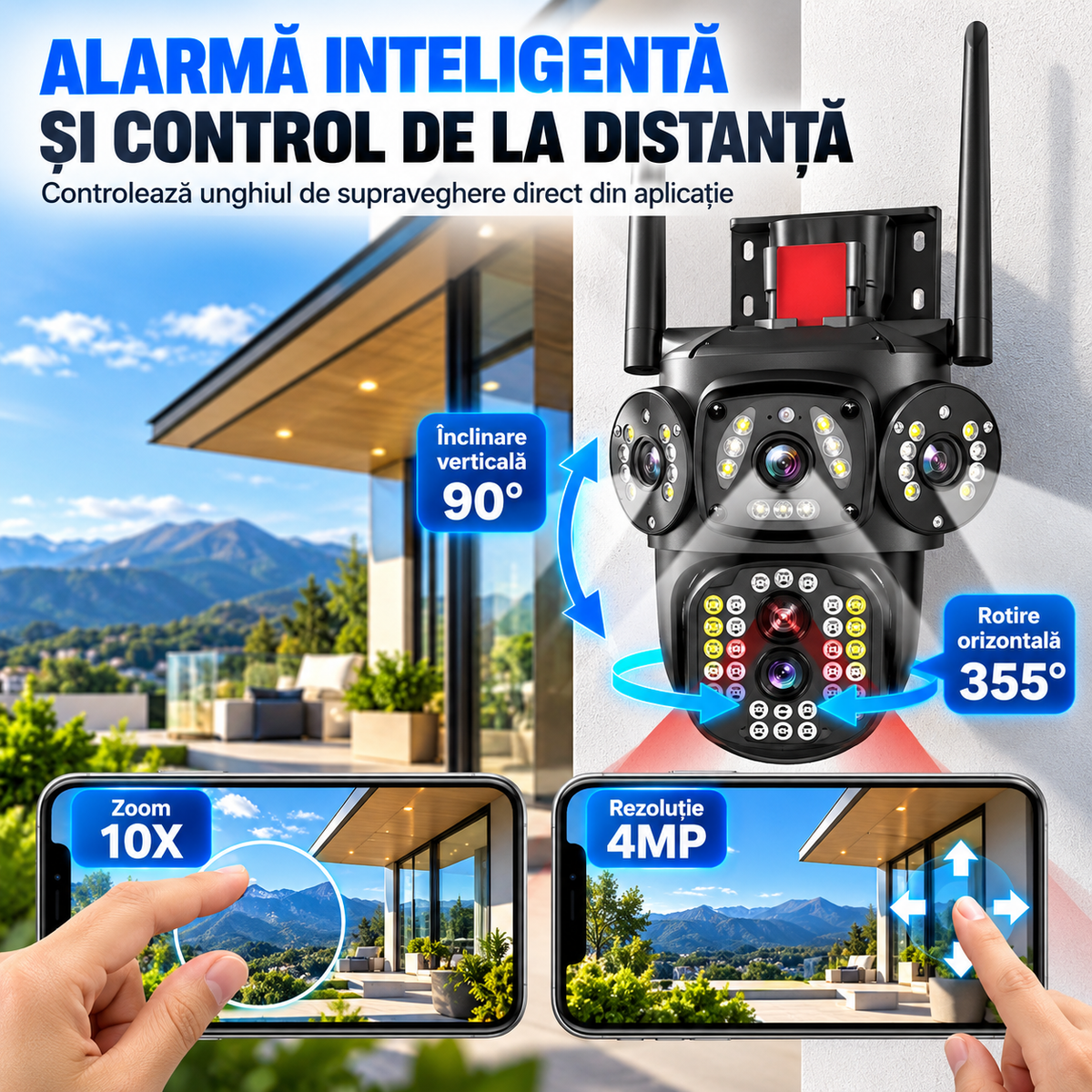 Cameră de Supraveghere 4G cu Panou Solar, 4MP, Zoom 10X, Vedere Nocturnă Color și Control la 360°