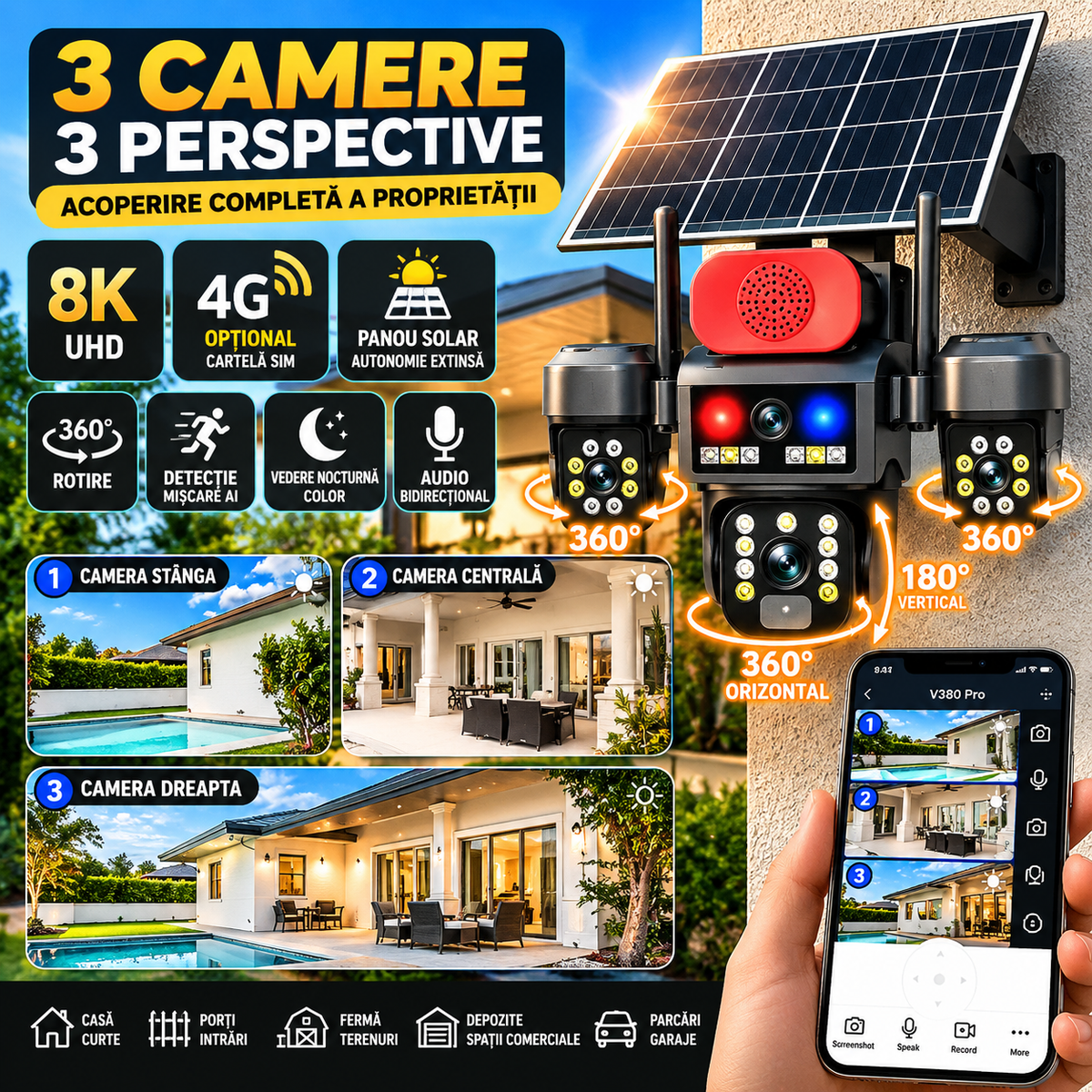 Cameră de Supraveghere 4G Crocodil 8K UHD cu 3 Camere Rotative și Panou Solar – Monitorizare Inteligentă