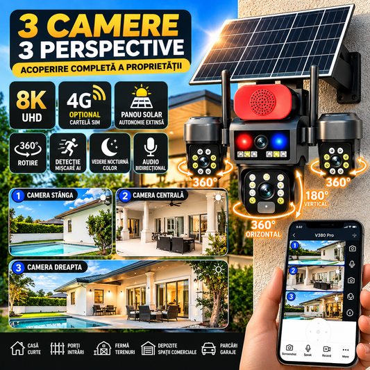 Cameră de Supraveghere 4G Crocodil 8K UHD cu 3 Camere Rotative și Panou Solar – Monitorizare Inteligentă