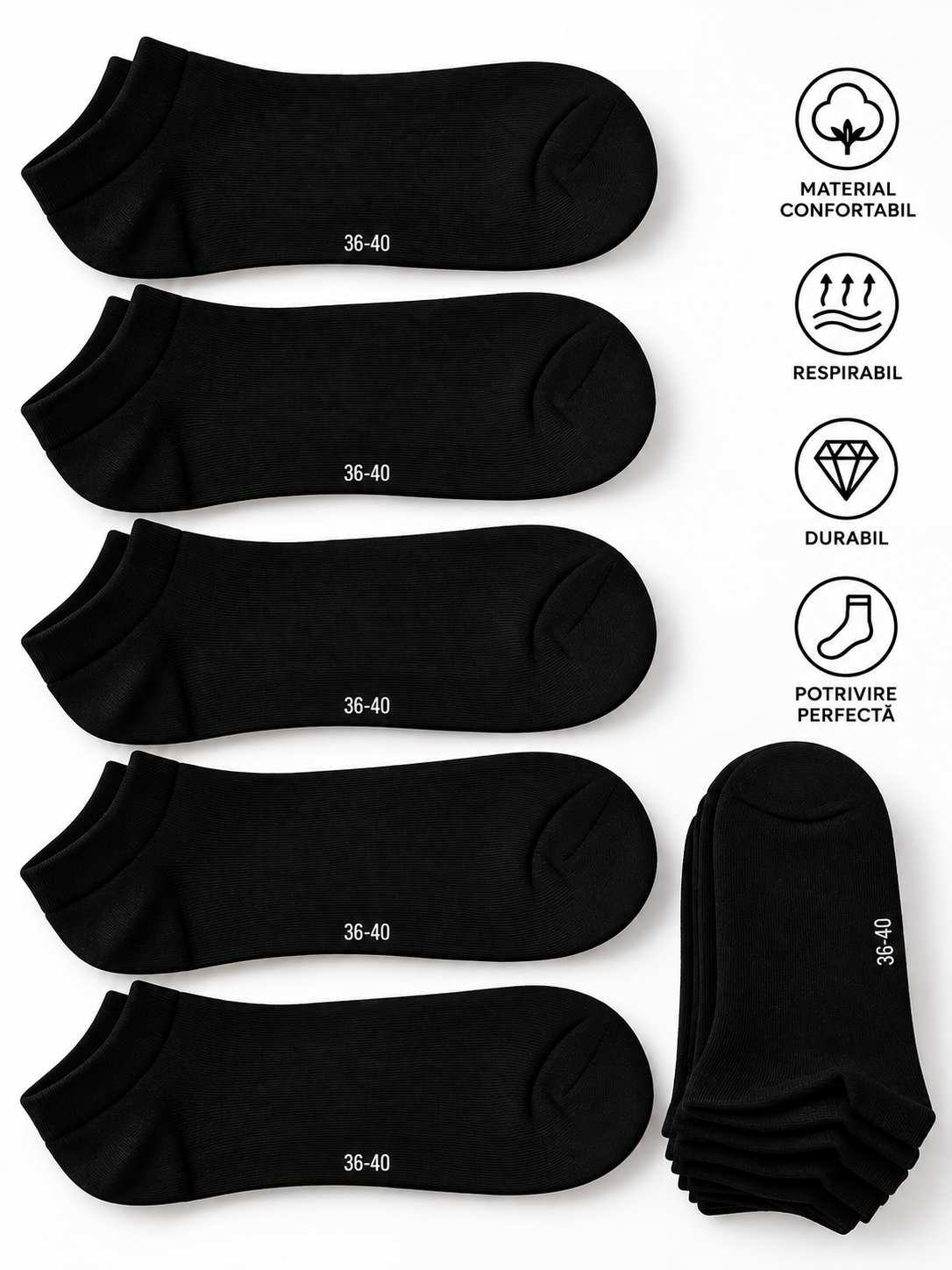 Sosete scurte unisex, 5 perechi, negrii, marimea 36-40