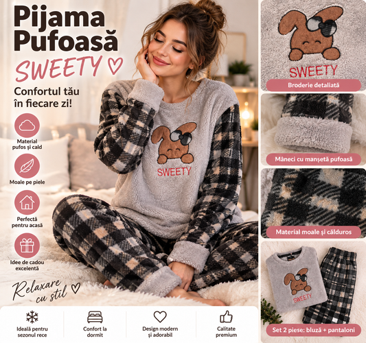 Pijama Pufoasă Damă SWEETY cu Model Cățeluș – Set 2 Piese, Gri și Carouri