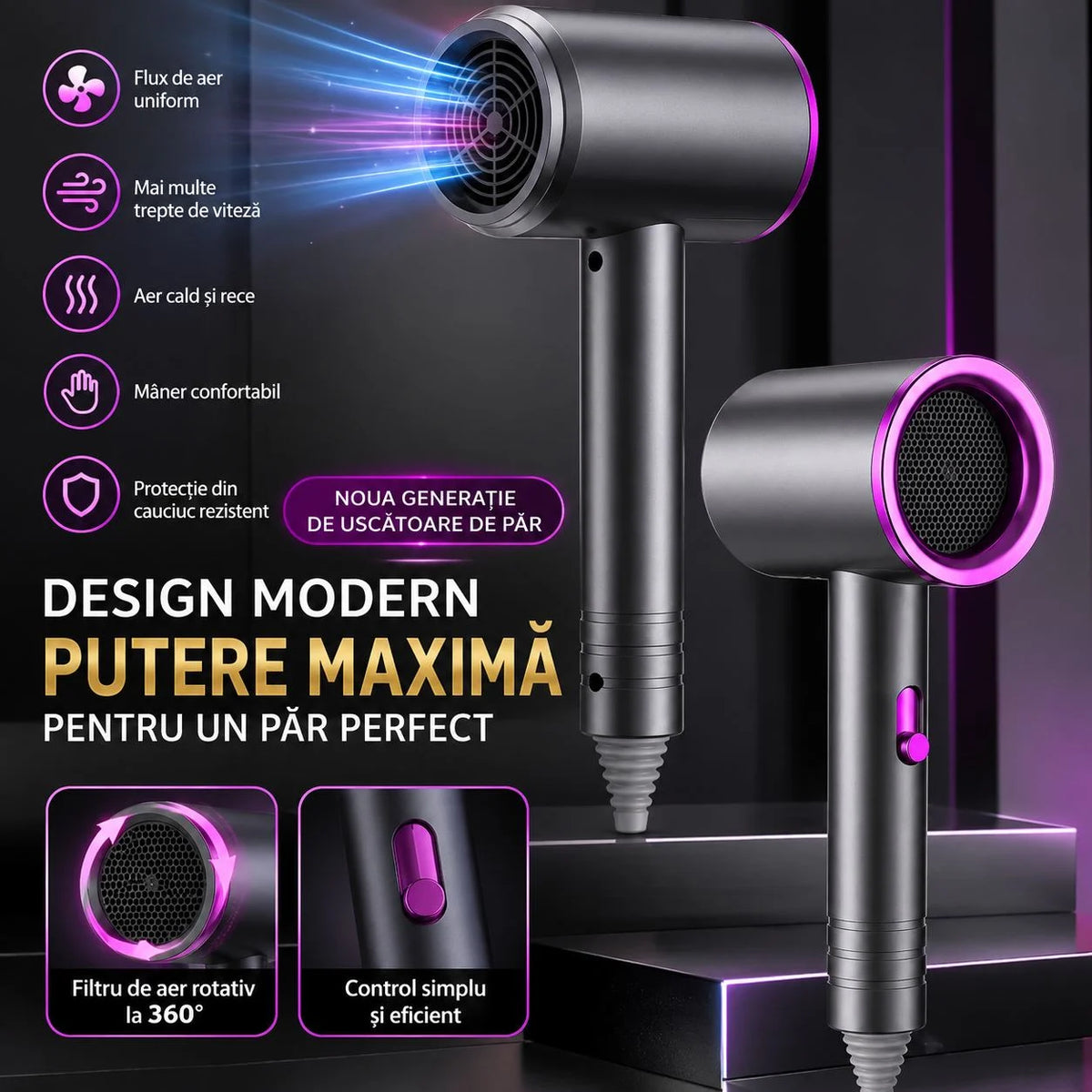 Uscător de Păr Modern fără Palete, cu Design Circular, Aer Cald și Rece – Alb și Auriu