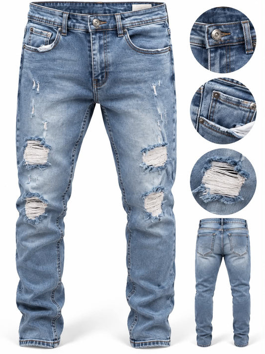 Blugi Bărbați Slim Fit cu Rupturi – Albastru Deschis