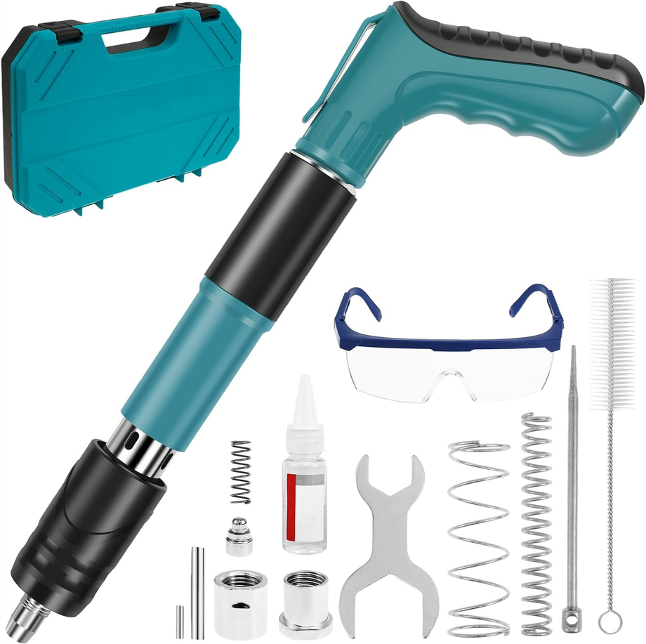 Kit Pistol De Nituri cu 50 nituri cadou Pentru Fixare Cuie In Perete, Tavan, Podea, Lemn, Pneumatic, Manual, Ochelari Protectie, Trusa Depozitare Si Transport, Calibru 7.3 cm, Albastru
