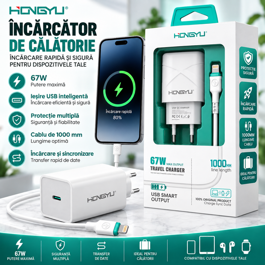 Încărcător Telefon Rapid 67W cu Cablu Lightning 1000 mm – Încărcare Rapidă și Sigură